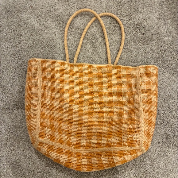 Doen Handbags - Doen Grande Mathilde Gingham Tote Bag - mustard raffia